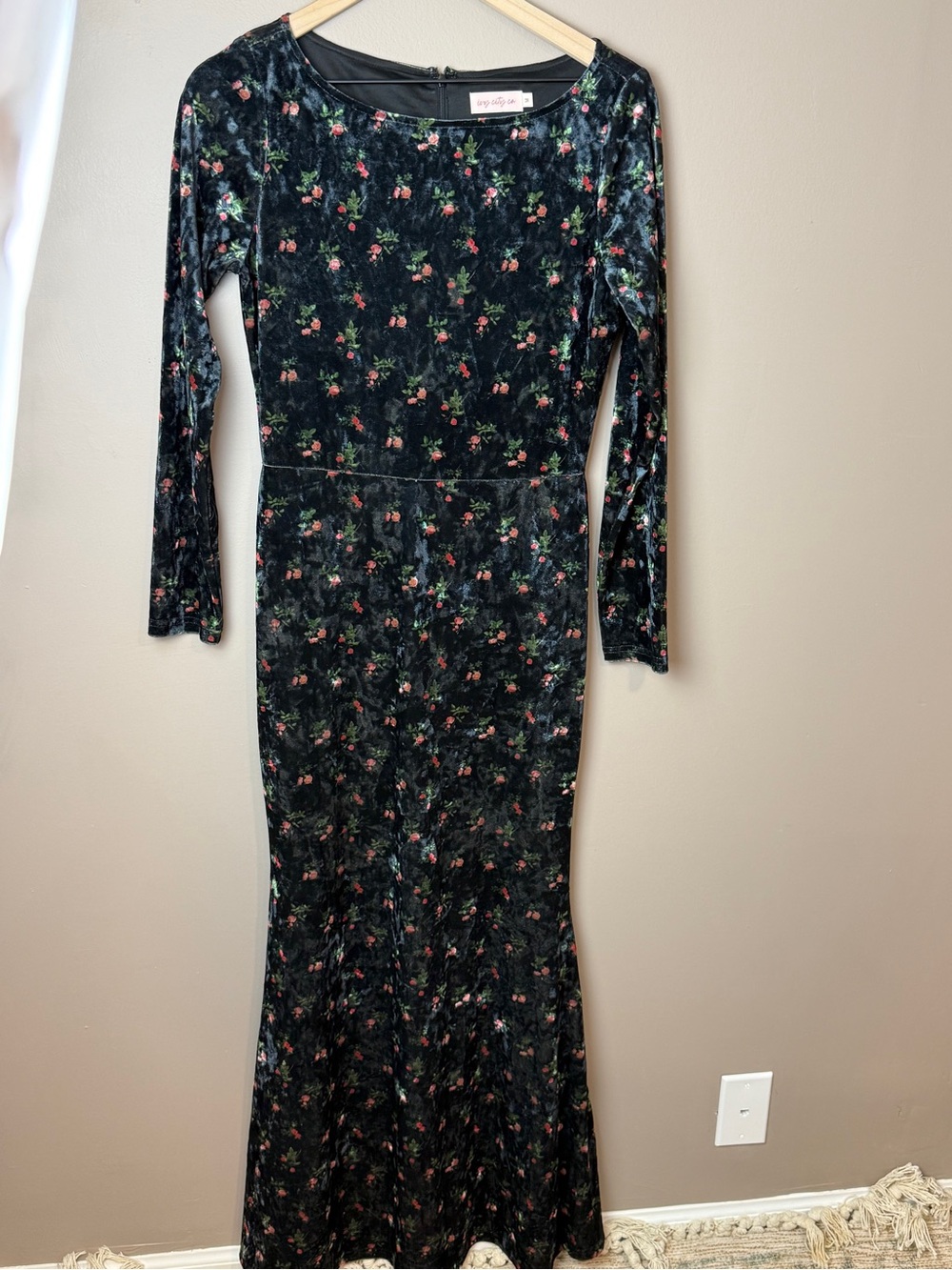 Ivy City Co long sleeved floral Black velvet maxi dress